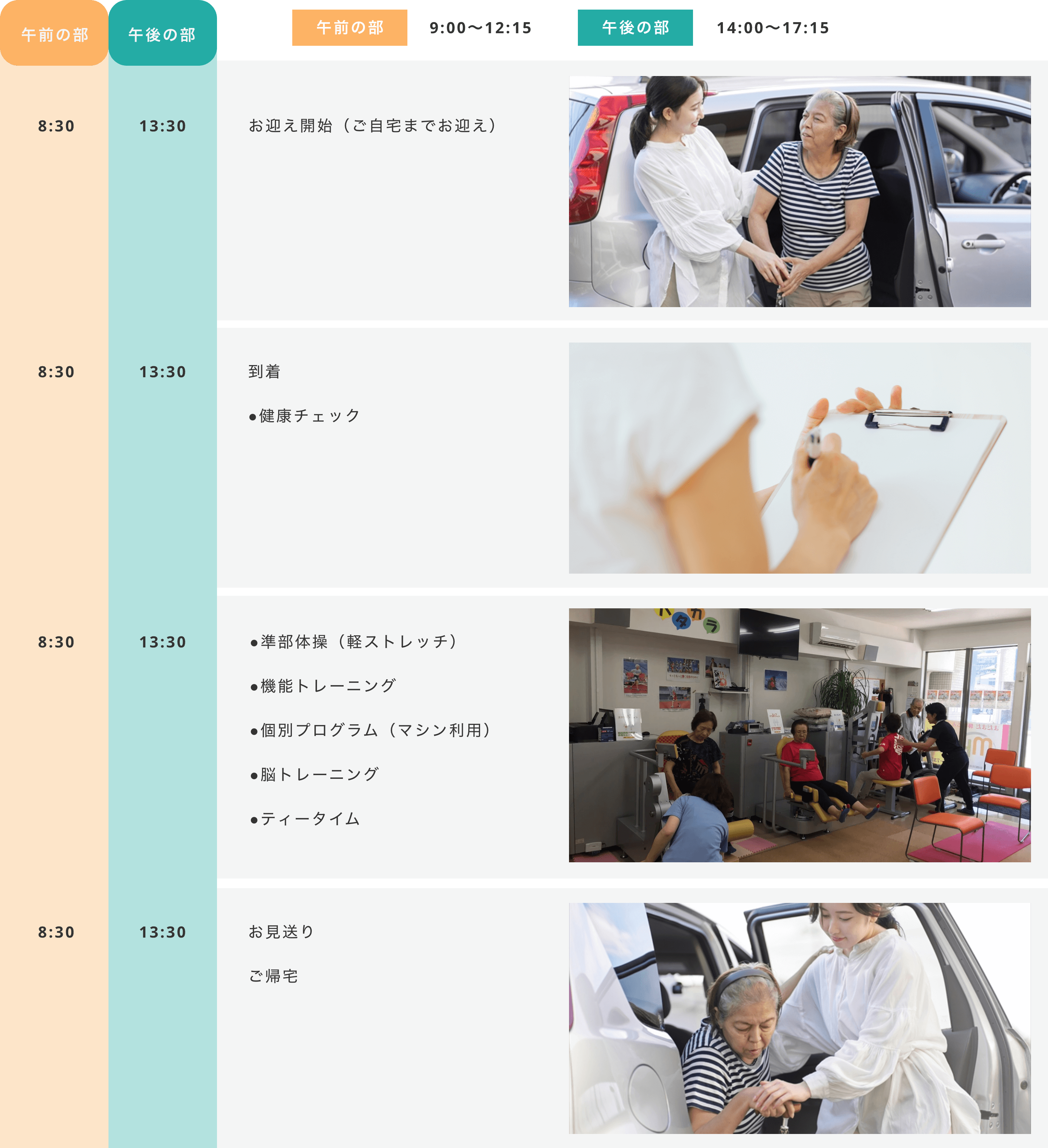 1日の流れ お迎え開始(ご自宅までお迎え)→到着 健康チェック→準部体操(軽ストレッチ)、機能トレーニング、個別プログラム(マシン利用)、脳トレーニング、ティータイム→お見送り ご帰宅